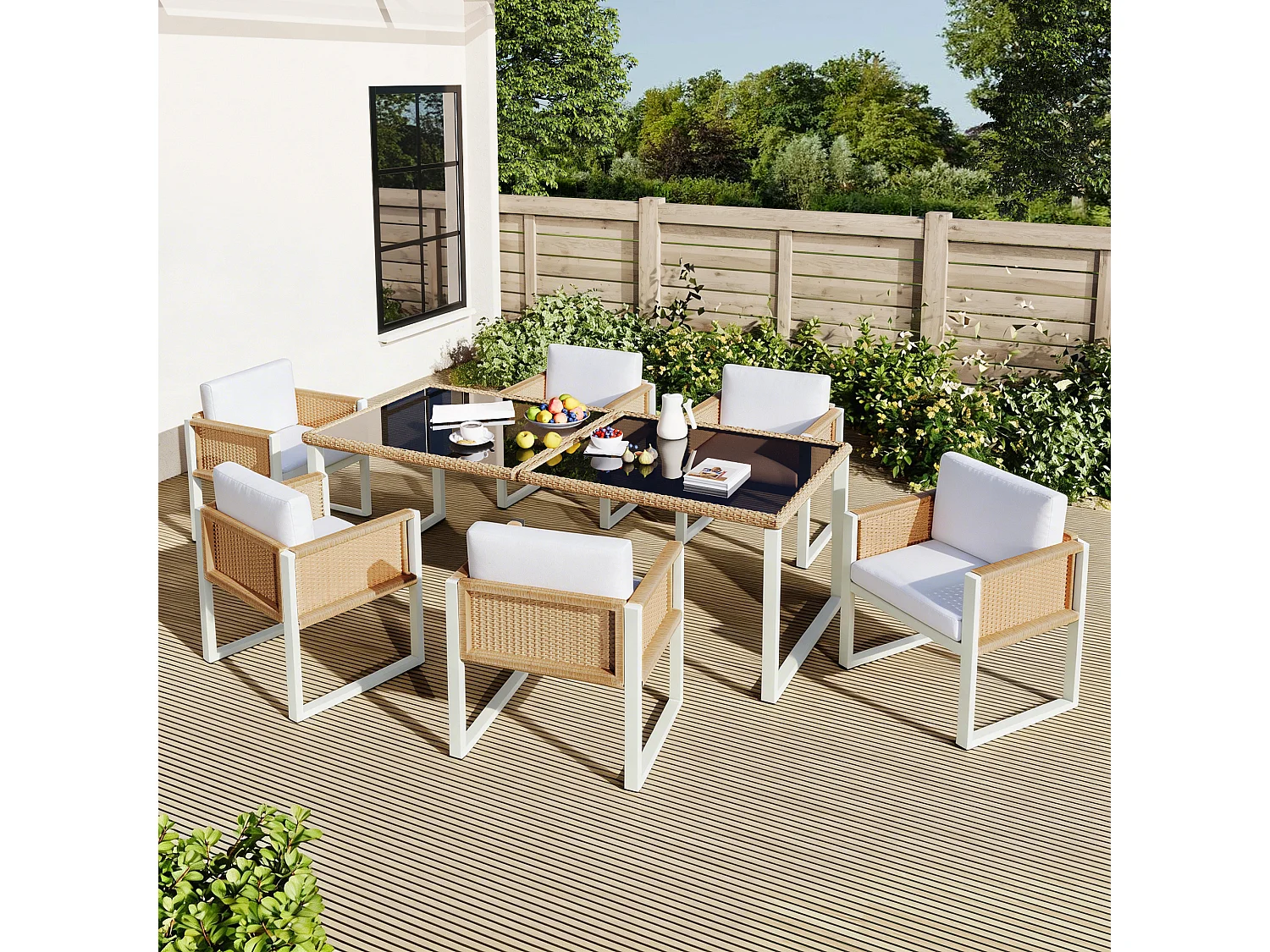 Tuin eetkamer set voor 6 personen - 6 fauteuils - 1 tafel - frame van gegalvaniseerd ijzer - in afneembare en wasbare stof - wit
