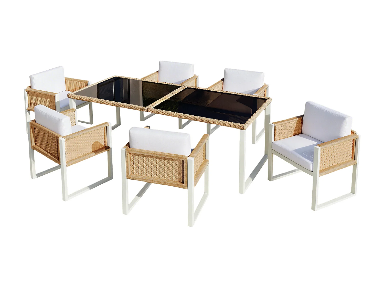 Tuin eetkamer set voor 6 personen - 6 fauteuils - 1 tafel - frame van gegalvaniseerd ijzer - in afneembare en wasbare stof - wit