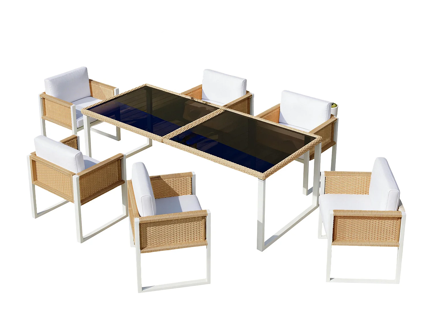 Tuin eetkamer set voor 6 personen - 6 fauteuils - 1 tafel - frame van gegalvaniseerd ijzer - in afneembare en wasbare stof - wit
