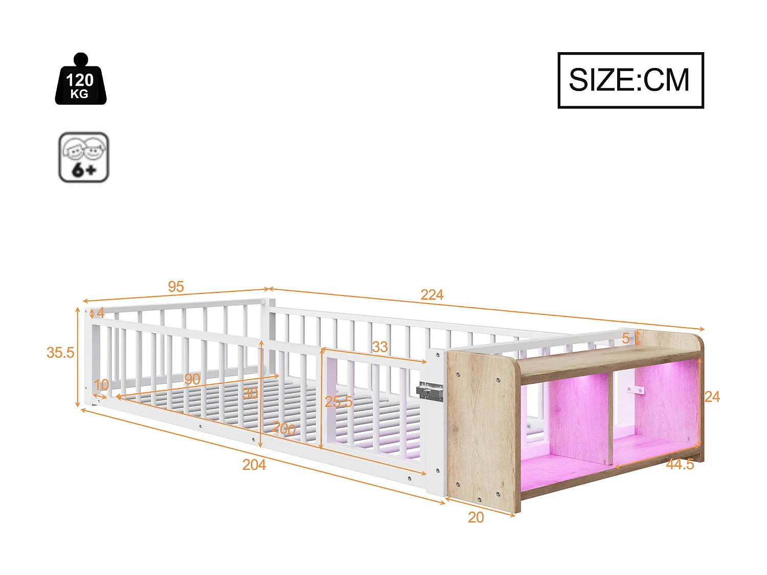 Lit enfant 90 x 200 cm - Cadre en métal - Avec barrières de sécurité - Blanc (matelas non inclus)