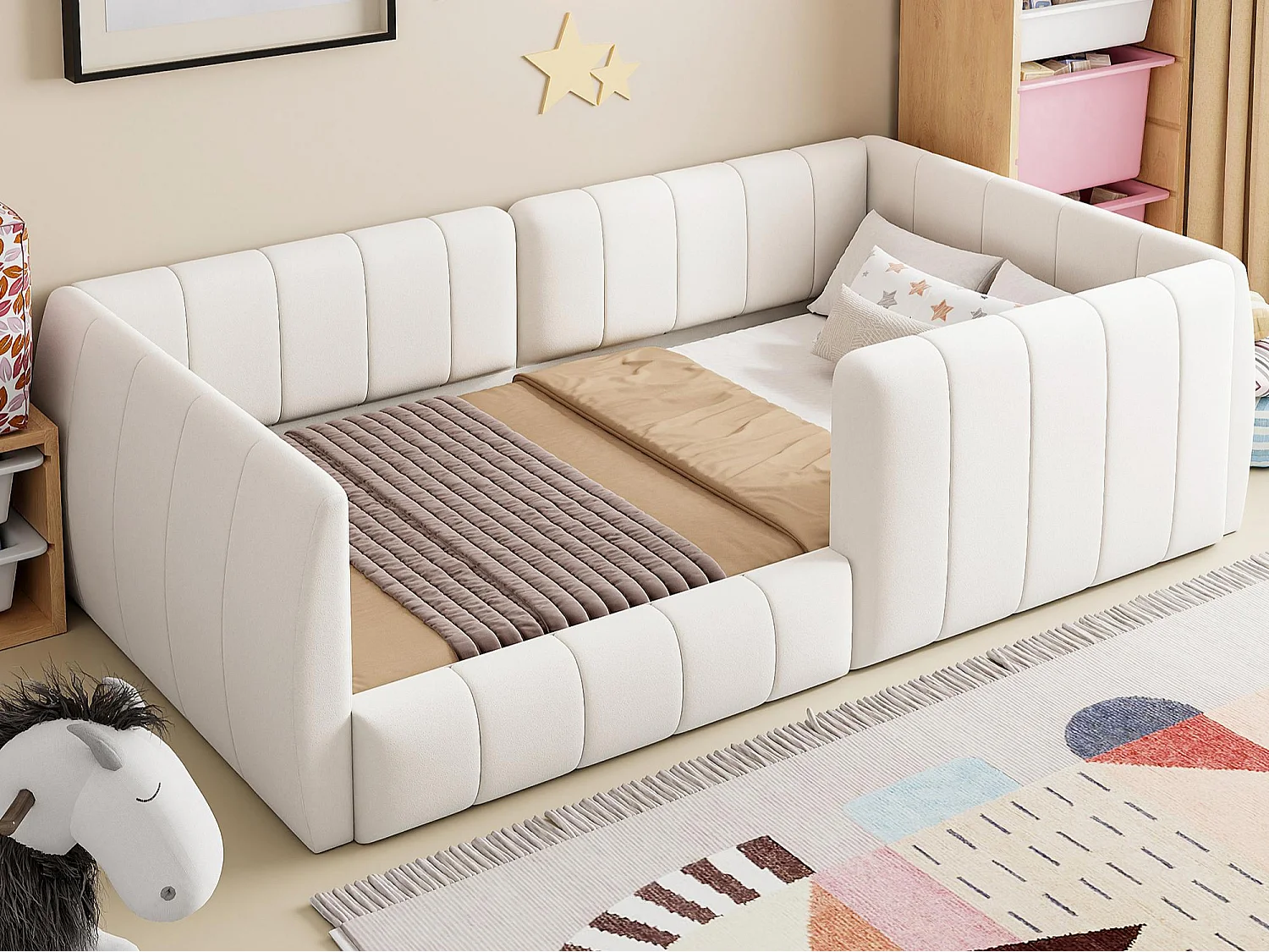 Lit simple rembourré 90x200 cm - avec barrières de sécurité - avec sommier à lattes - MDF + Lin - Beige (sans matelas)