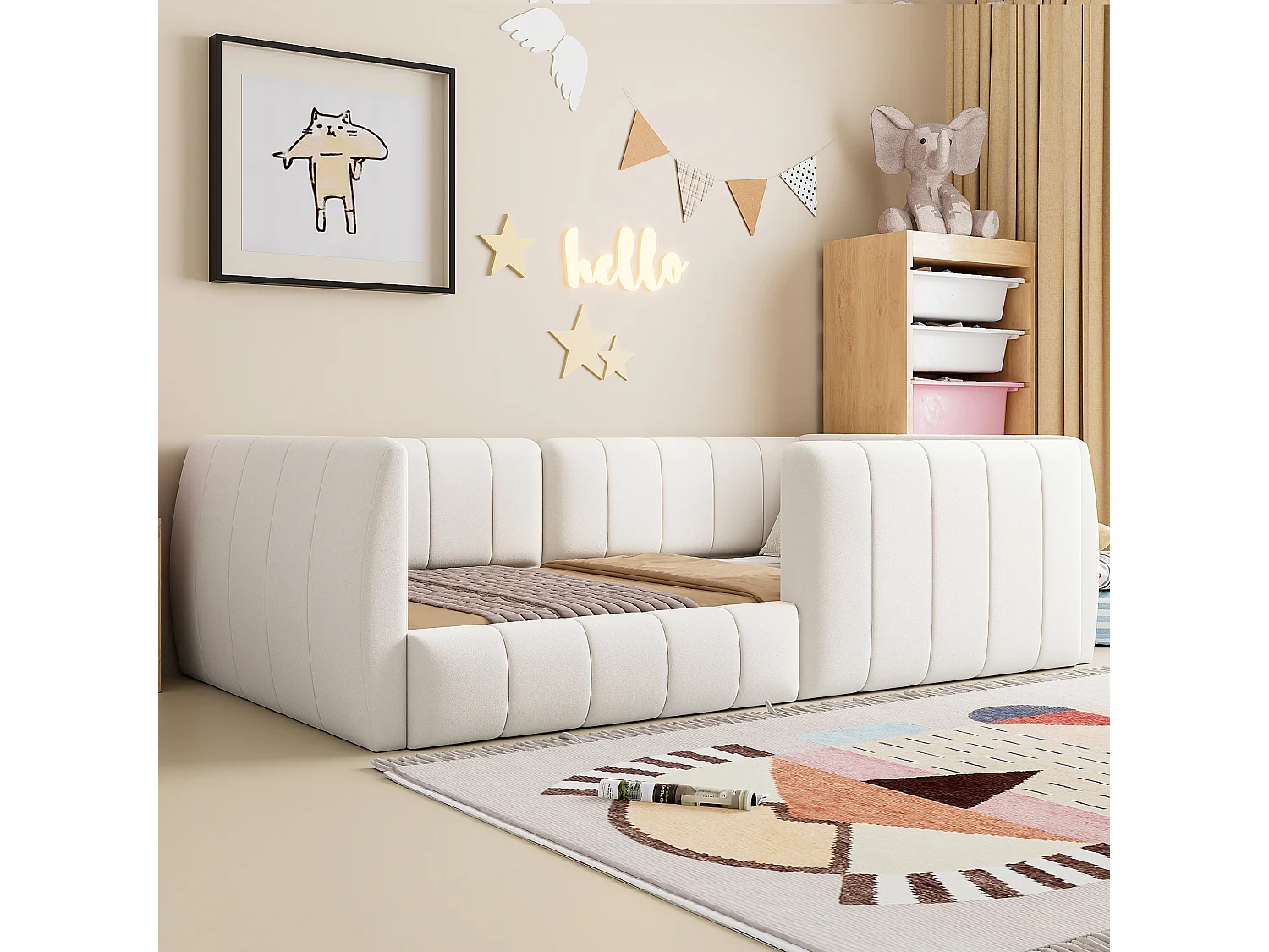 Lit simple rembourré 90x200 cm - avec barrières de sécurité - avec sommier à lattes - MDF + Lin - Beige (sans matelas)