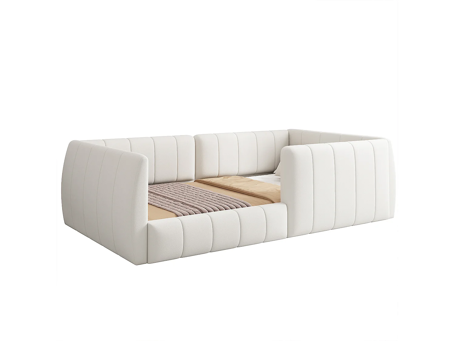 Lit simple rembourré 90x200 cm - avec barrières de sécurité - avec sommier à lattes - MDF + Lin - Beige (sans matelas)