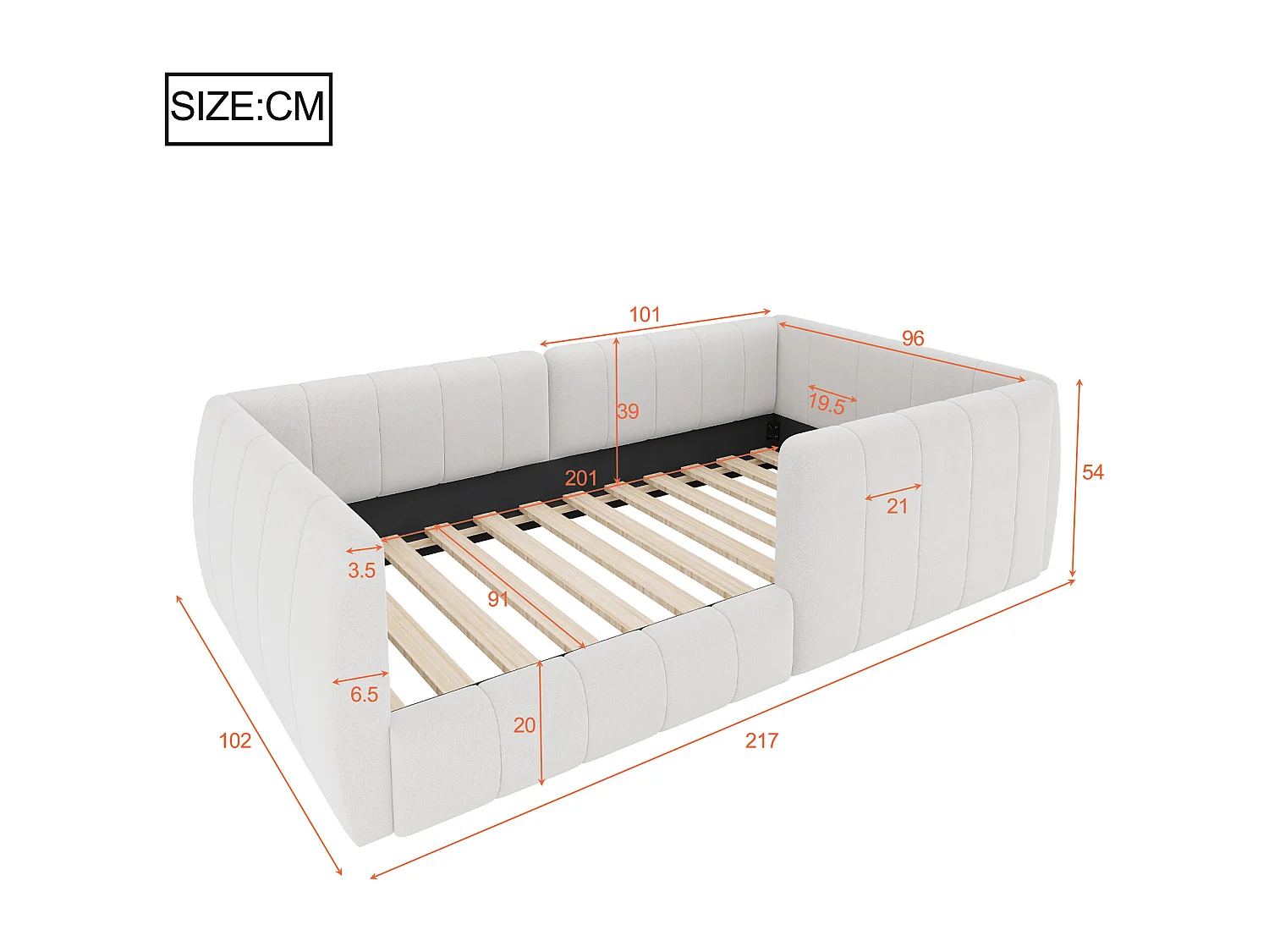 Lit simple rembourré 90x200 cm - avec barrières de sécurité - avec sommier à lattes - MDF + Lin - Beige (sans matelas)