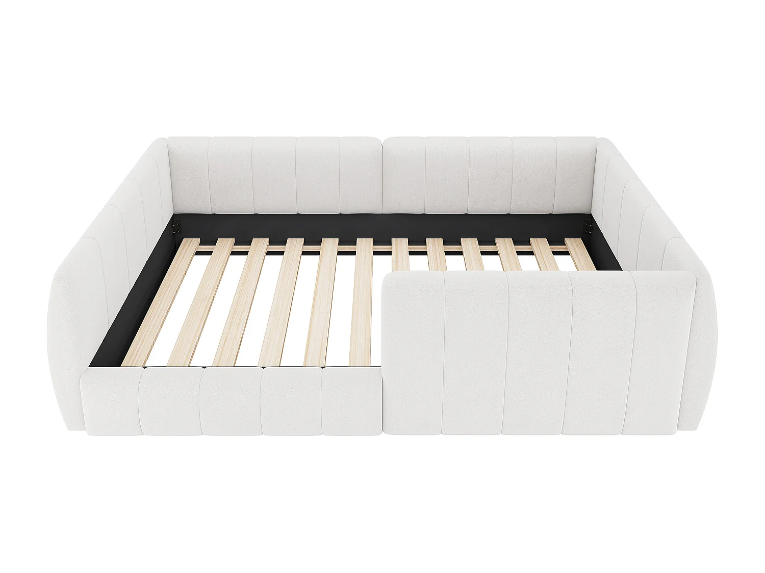 Lit simple rembourré 90x200 cm - avec barrières de sécurité - avec sommier à lattes - MDF + Lin - Beige (sans matelas)