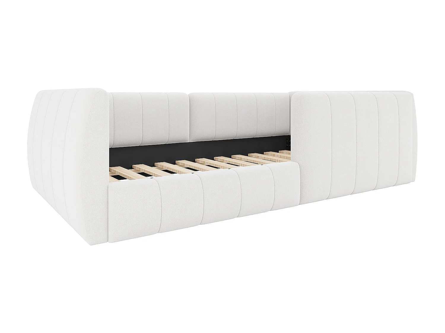 Lit simple rembourré 90x200 cm - avec barrières de sécurité - avec sommier à lattes - MDF + Lin - Beige (sans matelas)