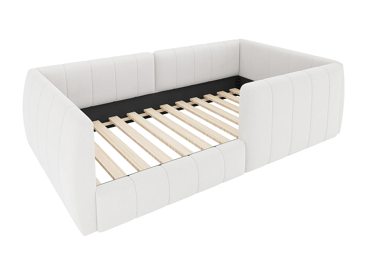 Lit simple rembourré 90x200 cm - avec barrières de sécurité - avec sommier à lattes - MDF + Lin - Beige (sans matelas)