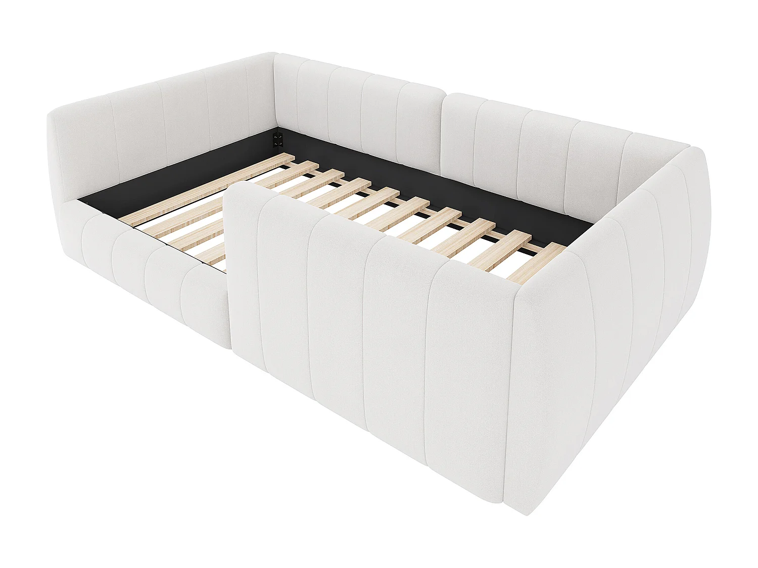 Lit simple rembourré 90x200 cm - avec barrières de sécurité - avec sommier à lattes - MDF + Lin - Beige (sans matelas)