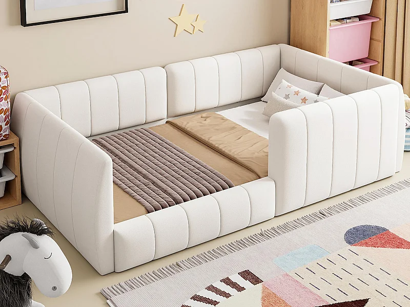 Cama individual acolchada 90x200 cm - con barreras de seguridad - con somier de láminas - MDF + Lino - Beige​ (sin colchón)