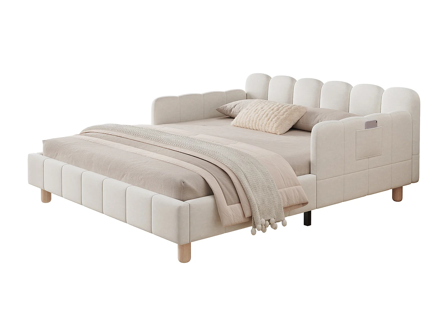 Lit enfant capitonné 140x190cm - avec tête de lit capitonnée et barrières de sécurité - pieds en bois massif - en velours - beige