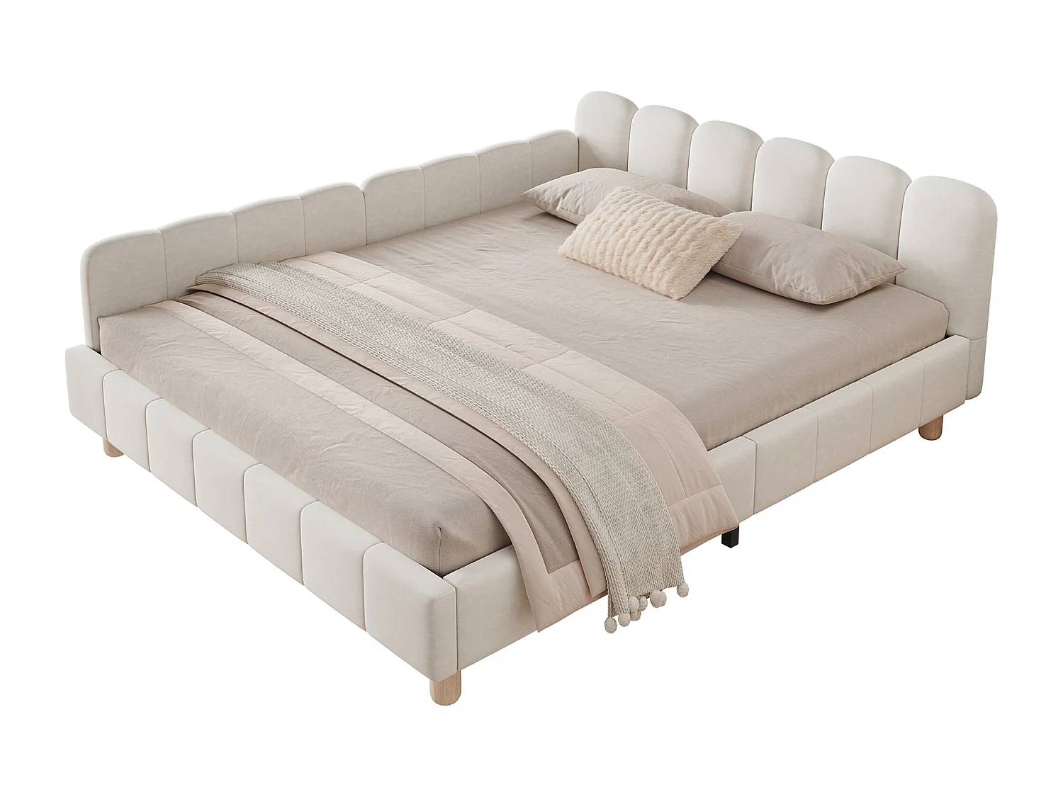 Lit enfant capitonné 140x190cm - avec tête de lit capitonnée et barrières de sécurité - pieds en bois massif - en velours - beige