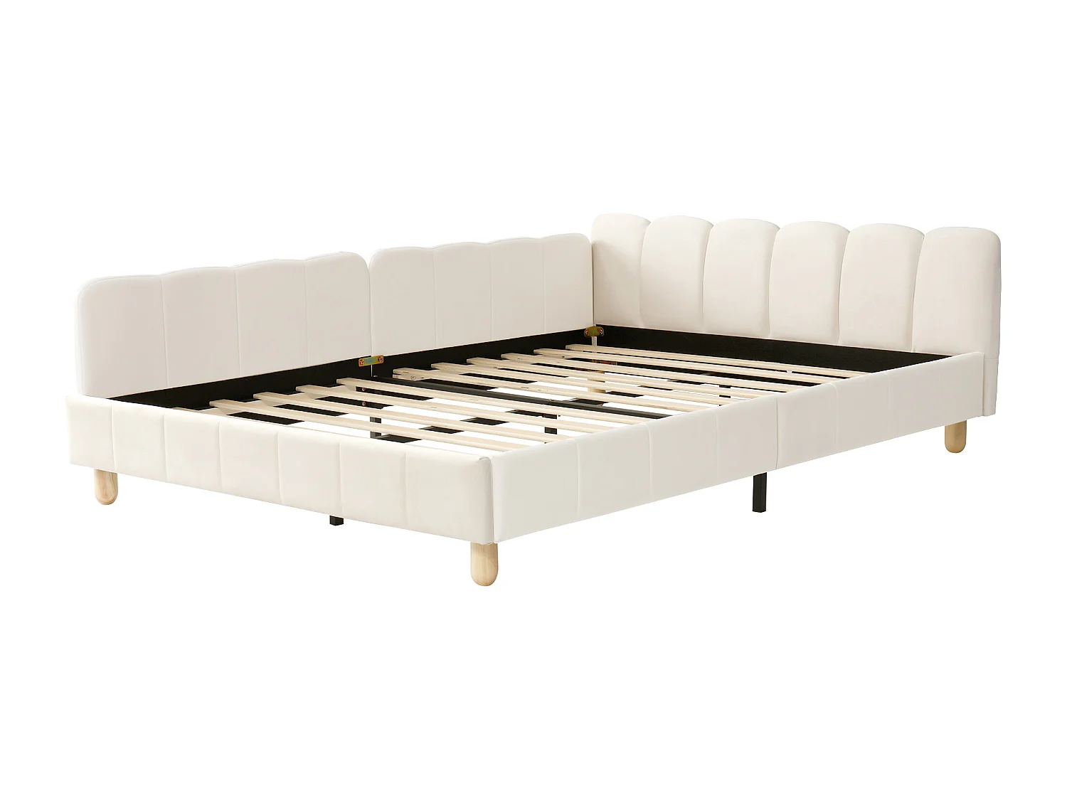 Lit enfant capitonné 140x190cm - avec tête de lit capitonnée et barrières de sécurité - pieds en bois massif - en velours - beige