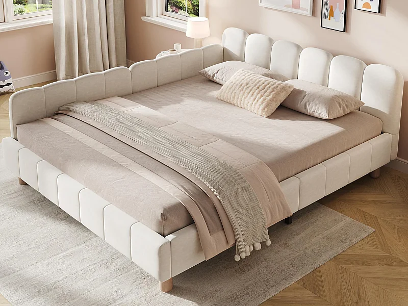 Cama infantil acolchoada 140x190cm - con cabeceira acolchoada e barreiras de segurança - pés de madeira maciça - em veludo - bege