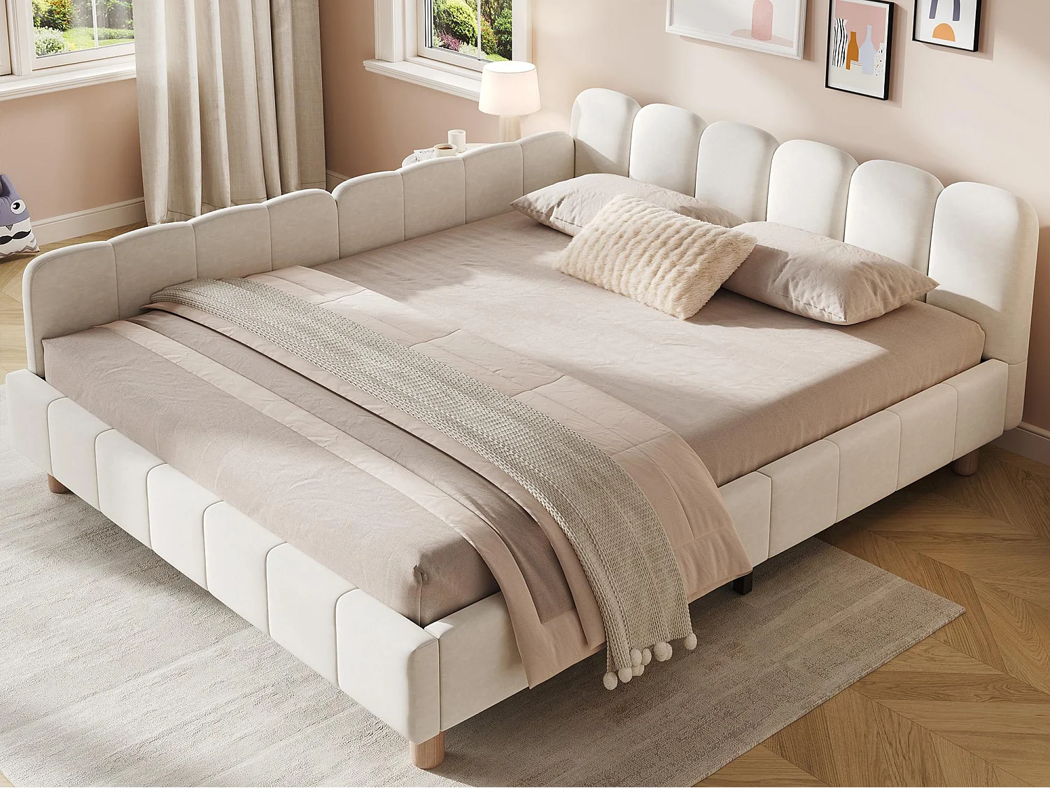 Cama infantil acolchoada 140x200cm - con cabeceira acolchoada e barreiras de segurança - pés de madeira maciça - em veludo - bege