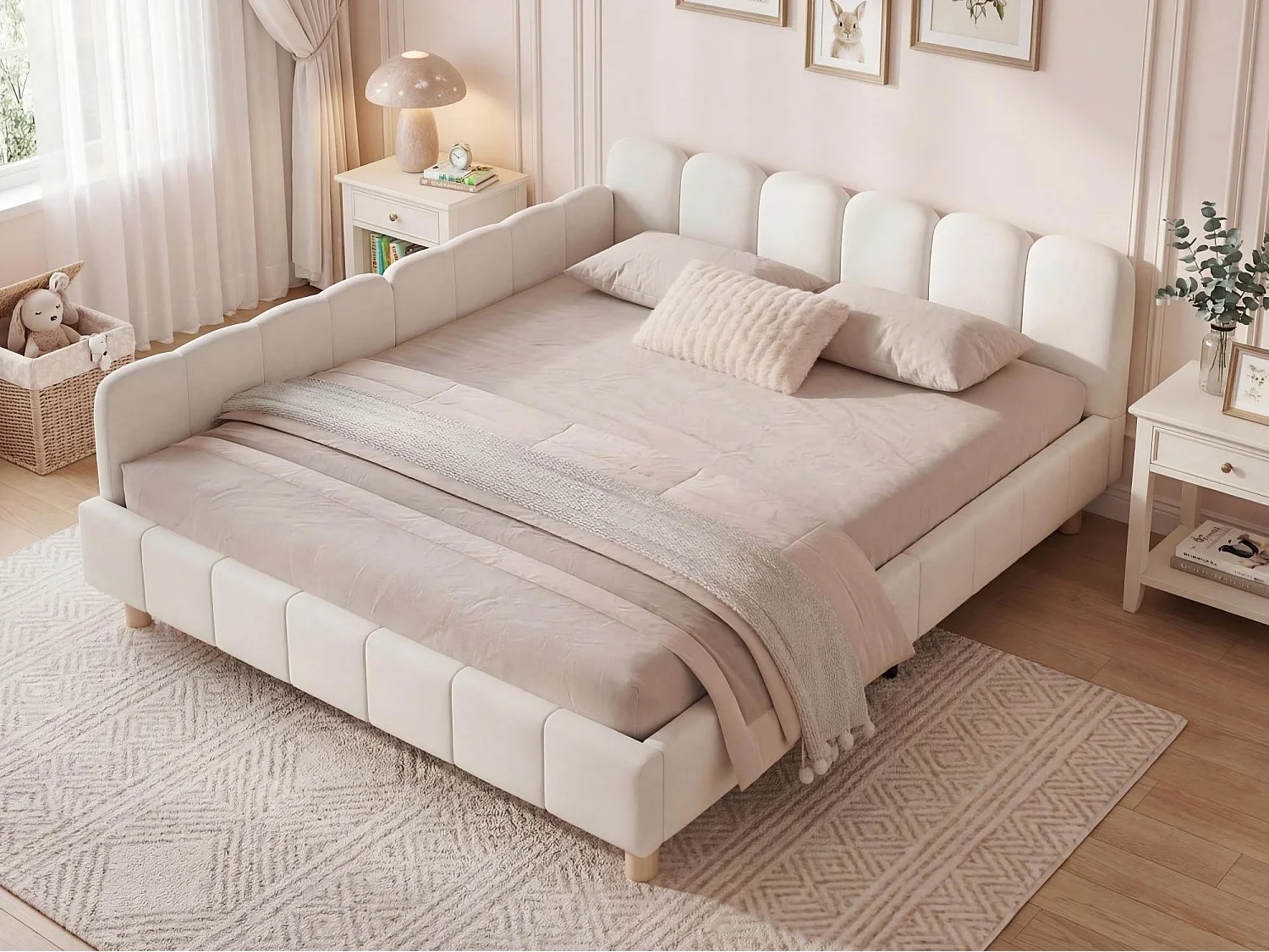 Cama infantil acolchoada 140x200cm - con cabeceira acolchoada e barreiras de segurança - pés de madeira maciça - em veludo - bege