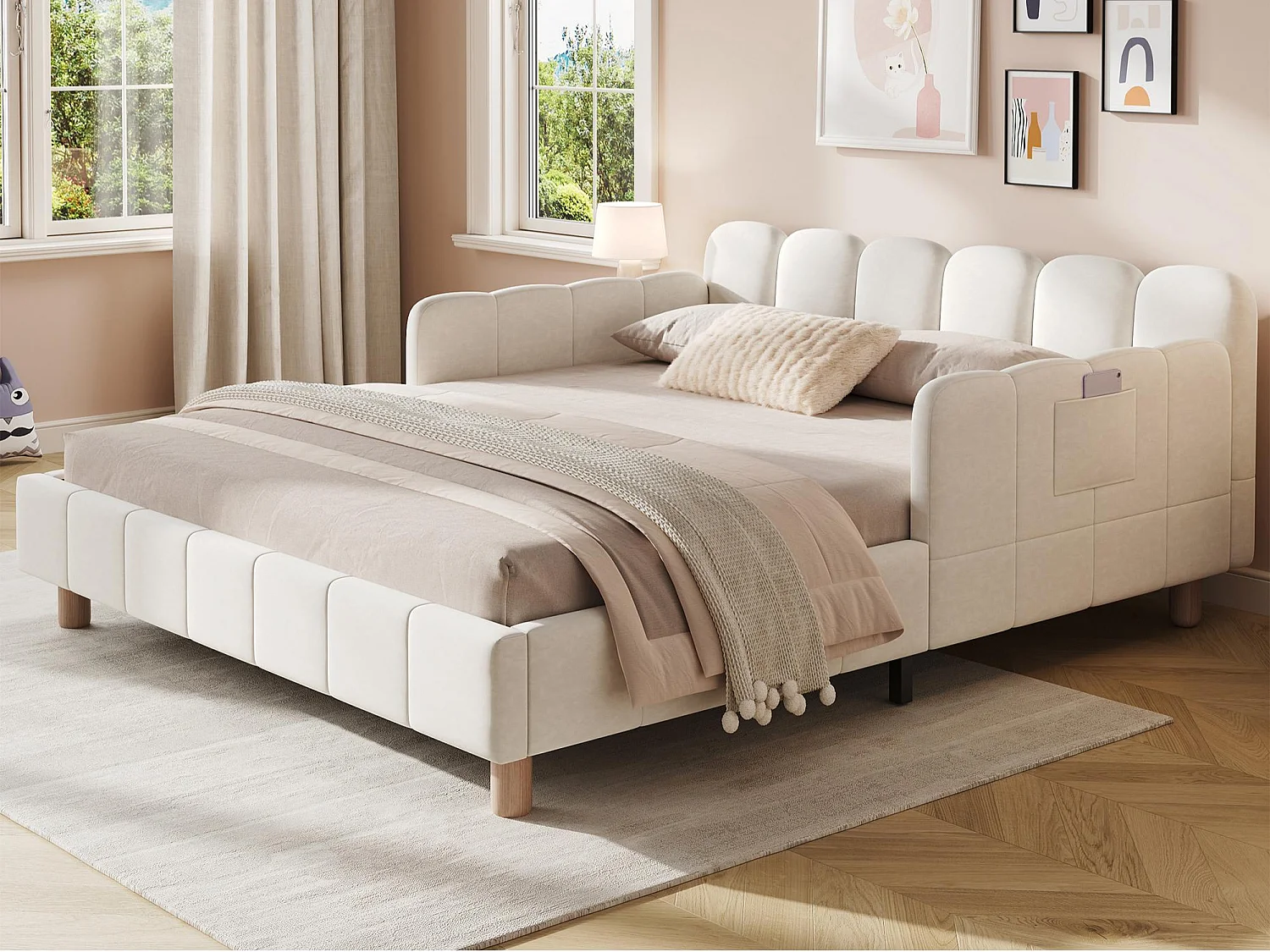 Cama infantil acolchoada 140x200cm - con cabeceira acolchoada e barreiras de segurança - pés de madeira maciça - em veludo - bege