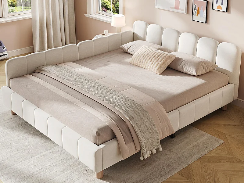 Gestoffeerd kinderbed 140x200cm - met gestoffeerd hoofdeinde en veiligheidshekken - massief houten poten - in fluweel - beige