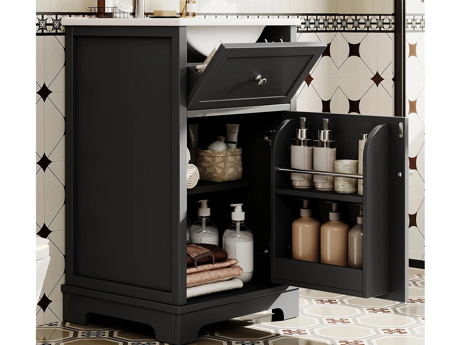 Badezimmerschrank mit Füßen - Integrierte Waschschüssel - Klapptür und höhenverstellbare Einlegeböden - MDF - Schwarz