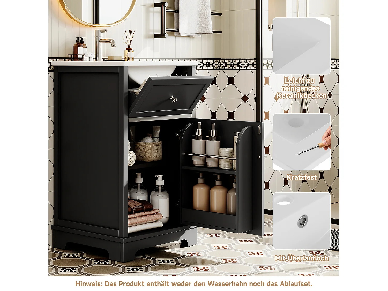 Badezimmerschrank mit Füßen - Integrierte Waschschüssel - Klapptür und höhenverstellbare Einlegeböden - MDF - Schwarz