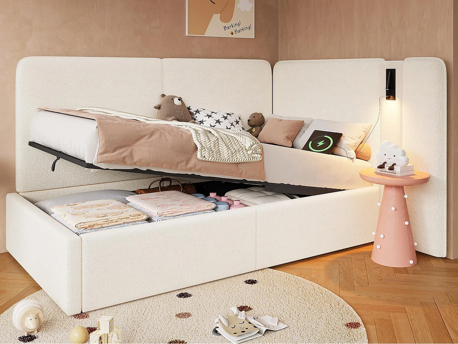 Gestoffeerde slaapbank met opbergruimte 90x200cm - USB oplaadpoort en leeslamp - Bouclé stof - Beige​ (zonder matras)