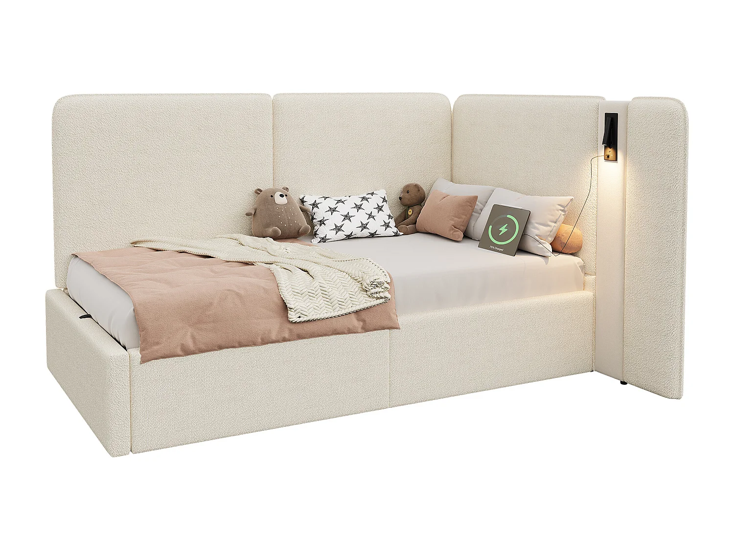 Gestoffeerde slaapbank met opbergruimte 90x200cm - USB oplaadpoort en leeslamp - Bouclé stof - Beige​ (zonder matras)
