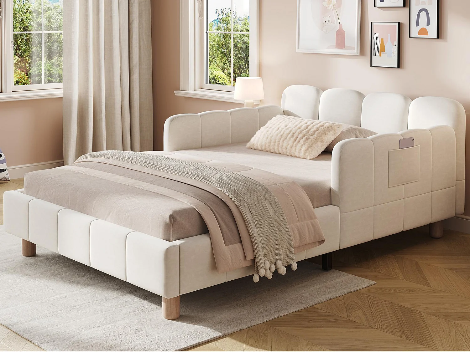 Cama infantil acolchoada 90x200cm - con cabeceira acolchoada e barreiras de segurança - pés de madeira maciça - em veludo - bege