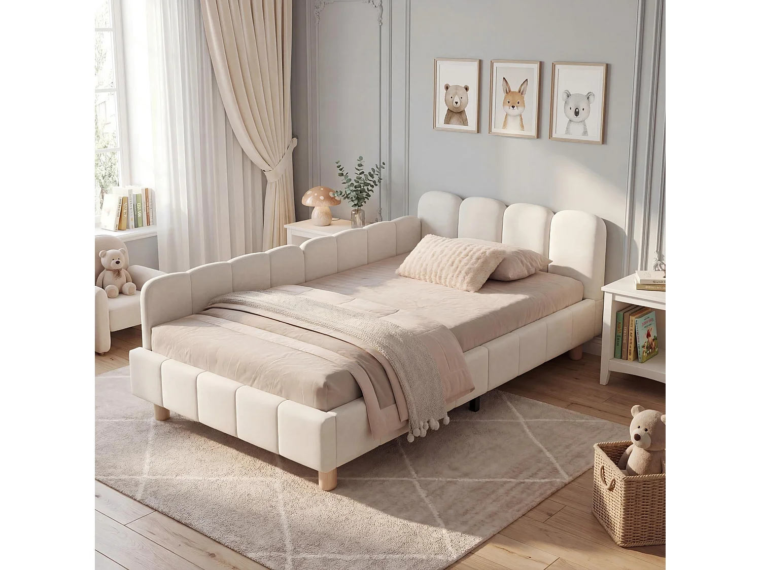 Cama infantil acolchoada 90x200cm - con cabeceira acolchoada e barreiras de segurança - pés de madeira maciça - em veludo - bege