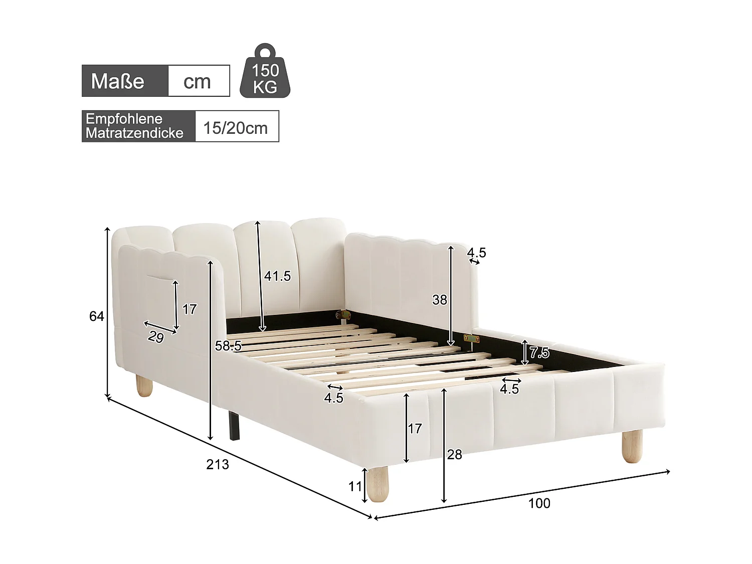 Cama infantil acolchoada 90x200cm - con cabeceira acolchoada e barreiras de segurança - pés de madeira maciça - em veludo - bege