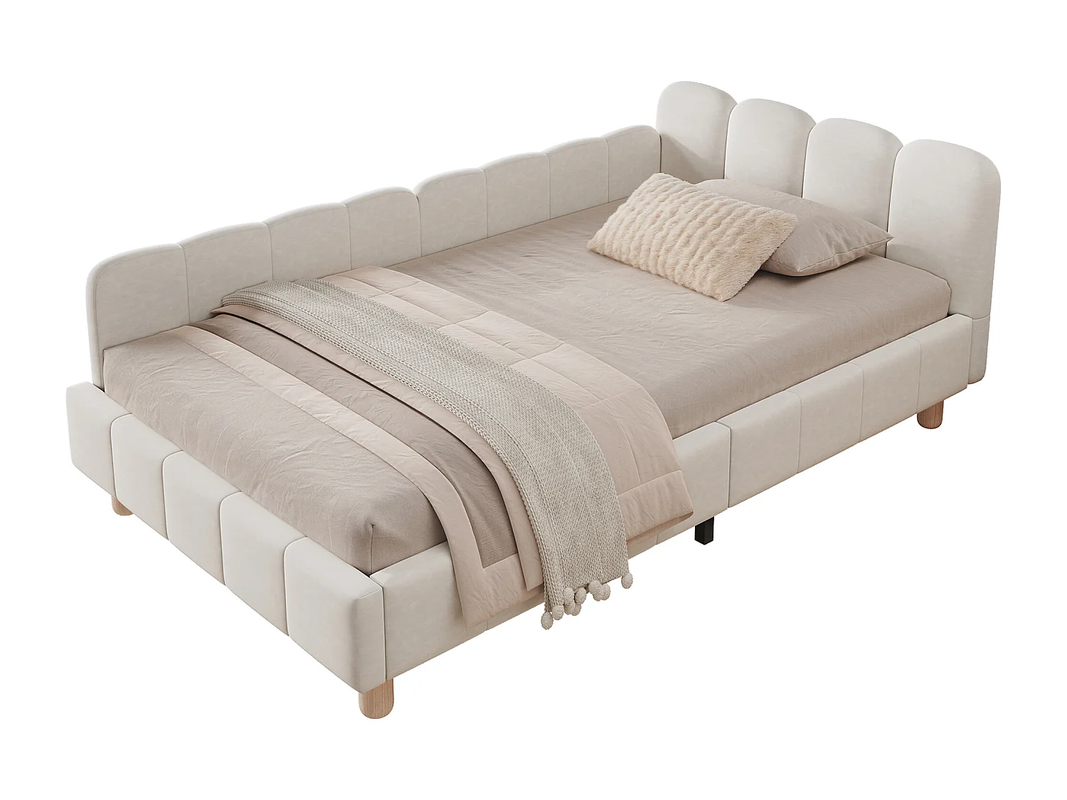 Cama infantil acolchoada 90x200cm - con cabeceira acolchoada e barreiras de segurança - pés de madeira maciça - em veludo - bege