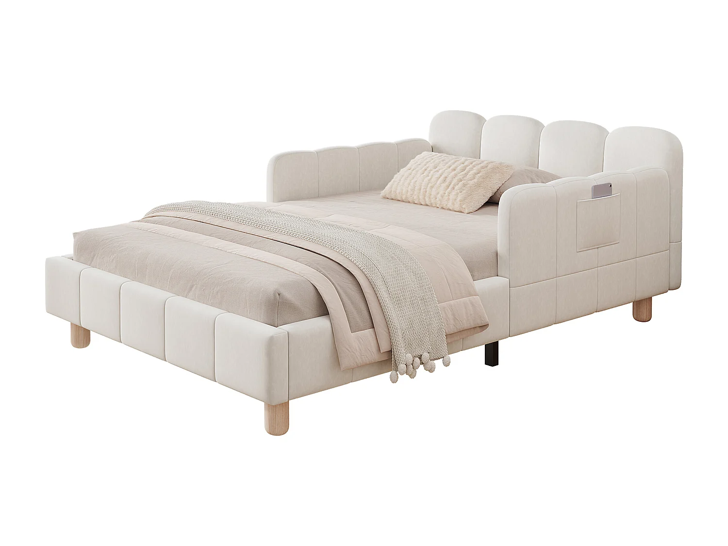 Cama infantil acolchoada 90x200cm - con cabeceira acolchoada e barreiras de segurança - pés de madeira maciça - em veludo - bege