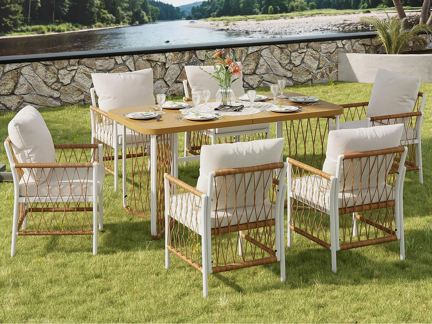 Garten-Esszimmer-Set für 6 Personen, Esstisch aus Eisen, Gestell aus verzinktem Eisen, 6 Rattan-Stühle, Beige