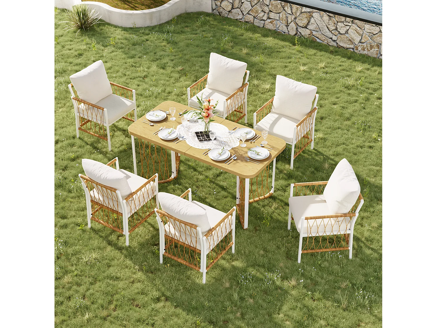 Garten-Esszimmer-Set für 6 Personen, Esstisch aus Eisen, Gestell aus verzinktem Eisen, 6 Rattan-Stühle, Beige