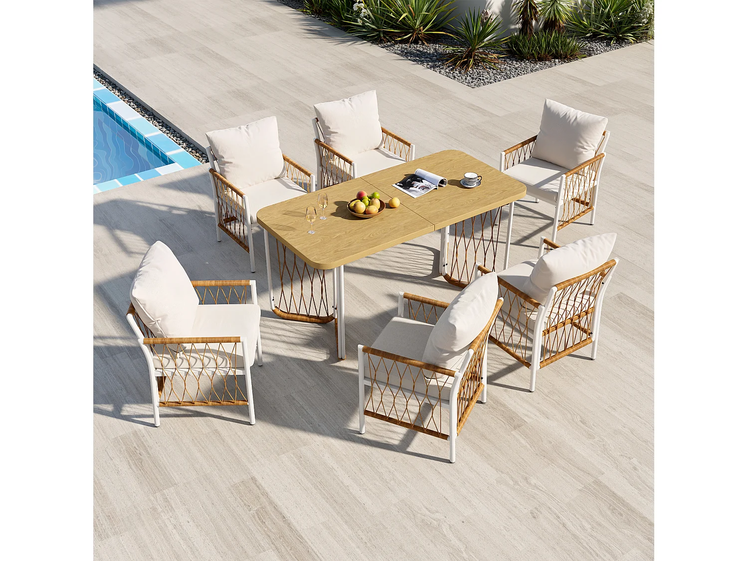 Garten-Esszimmer-Set für 6 Personen, Esstisch aus Eisen, Gestell aus verzinktem Eisen, 6 Rattan-Stühle, Beige