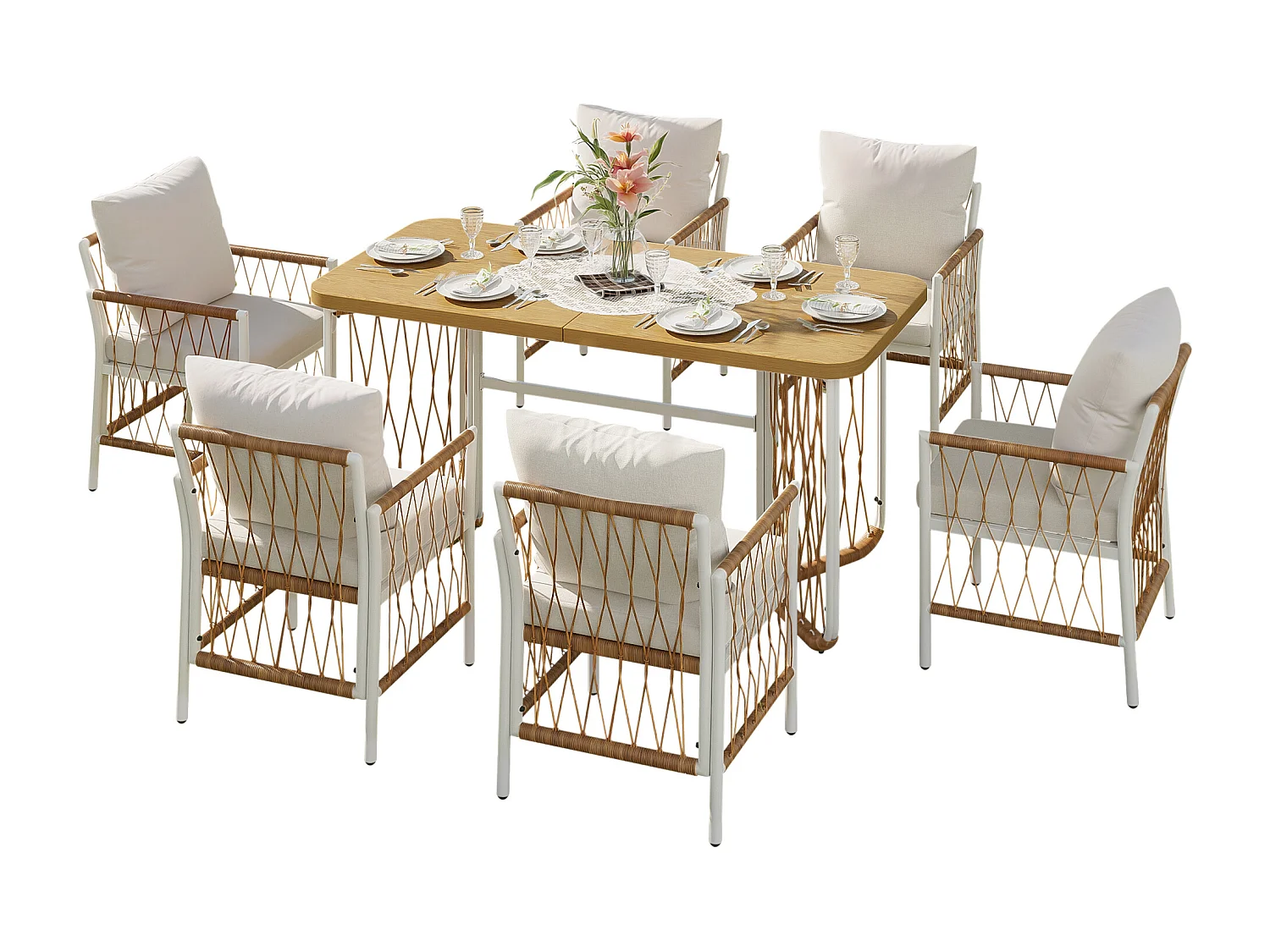 Garten-Esszimmer-Set für 6 Personen, Esstisch aus Eisen, Gestell aus verzinktem Eisen, 6 Rattan-Stühle, Beige