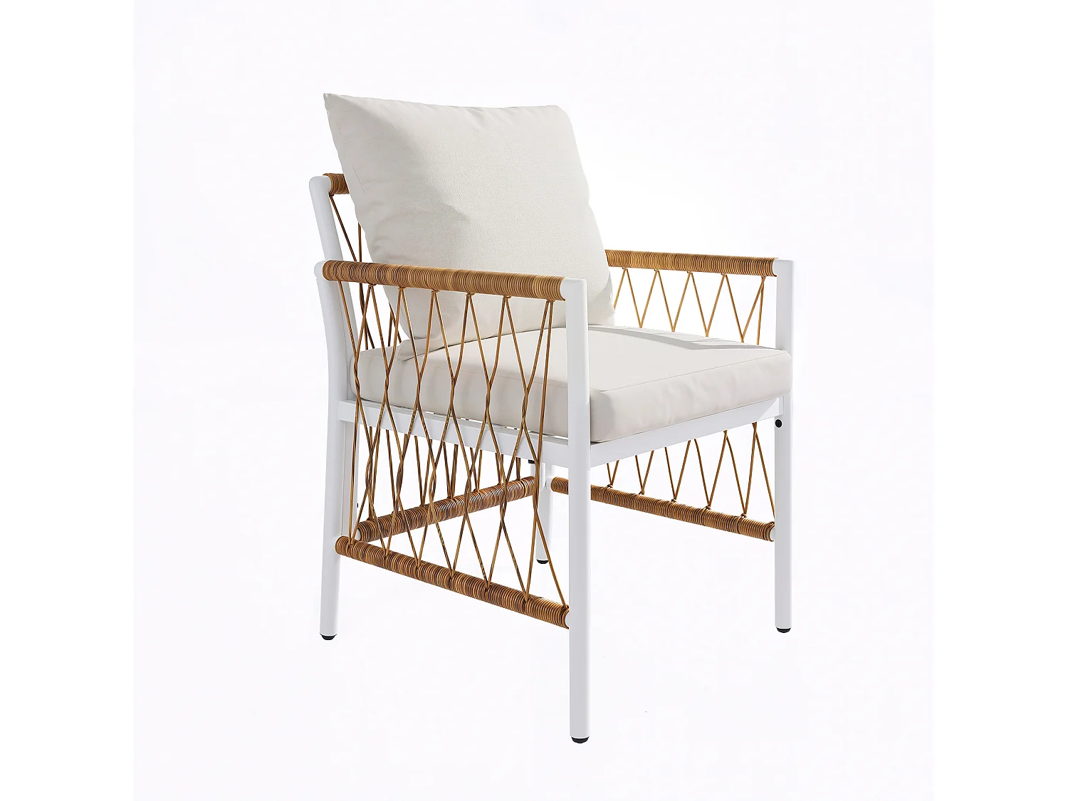 Garten-Esszimmer-Set für 6 Personen, Esstisch aus Eisen, Gestell aus verzinktem Eisen, 6 Rattan-Stühle, Beige