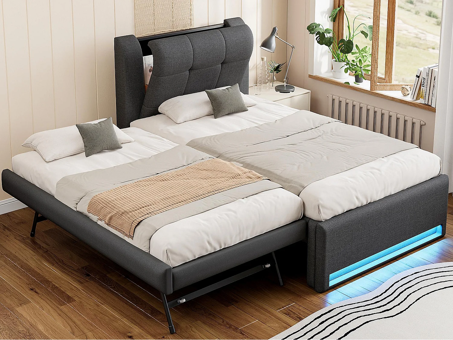 Gepolstertes Einzelbett 90x200 cm - mit Gästebett - LED-Beleuchtung - Kopfteil mit Stauraum - MDF + Leinen - Grau​ (ohne Matratze)