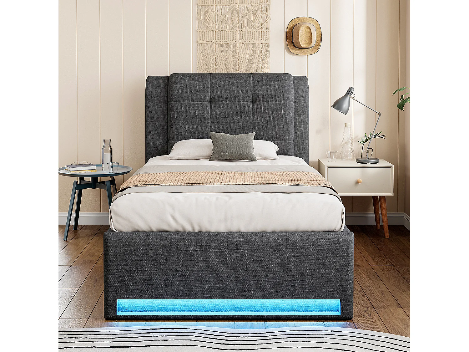 Gepolstertes Einzelbett 90x200 cm - mit Gästebett - LED-Beleuchtung - Kopfteil mit Stauraum - MDF + Leinen - Grau​ (ohne Matratze)