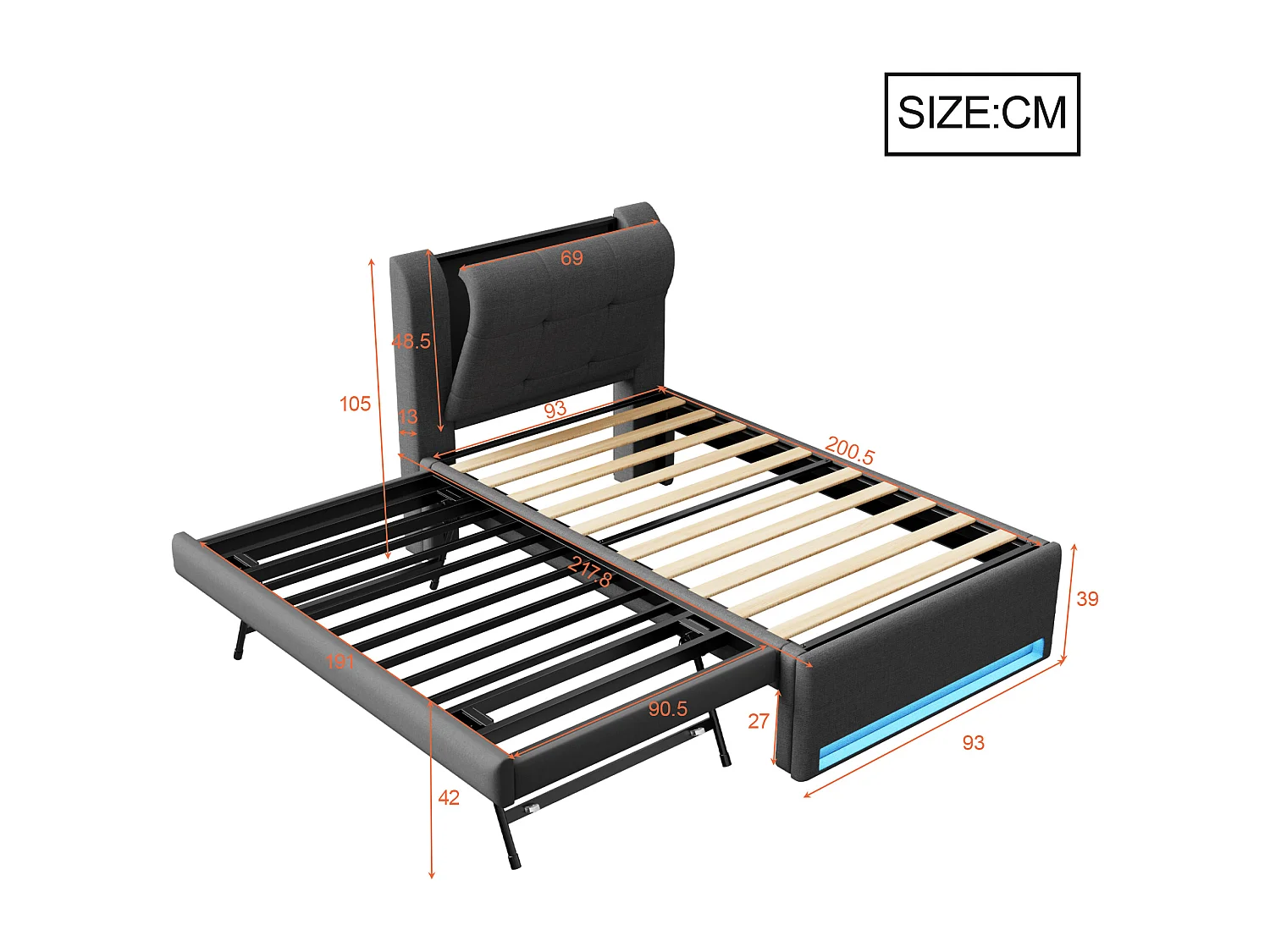 Gepolstertes Einzelbett 90x200 cm - mit Gästebett - LED-Beleuchtung - Kopfteil mit Stauraum - MDF + Leinen - Grau​ (ohne Matratze)