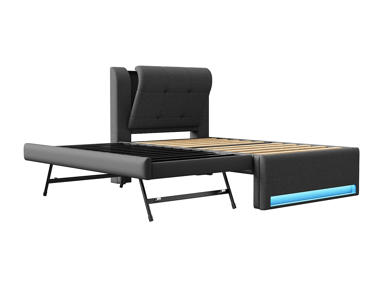 Gepolstertes Einzelbett 90x200 cm - mit Gästebett - LED-Beleuchtung - Kopfteil mit Stauraum - MDF + Leinen - Grau​ (ohne Matratze)