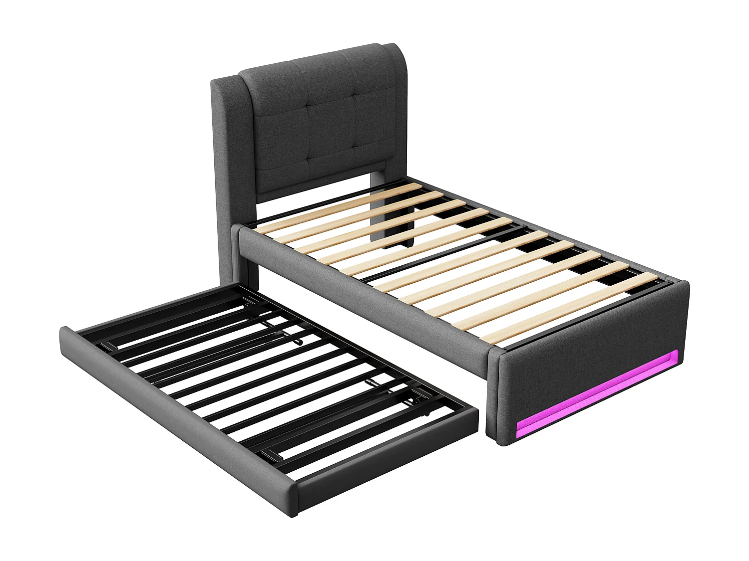 Gepolstertes Einzelbett 90x200 cm - mit Gästebett - LED-Beleuchtung - Kopfteil mit Stauraum - MDF + Leinen - Grau​ (ohne Matratze)