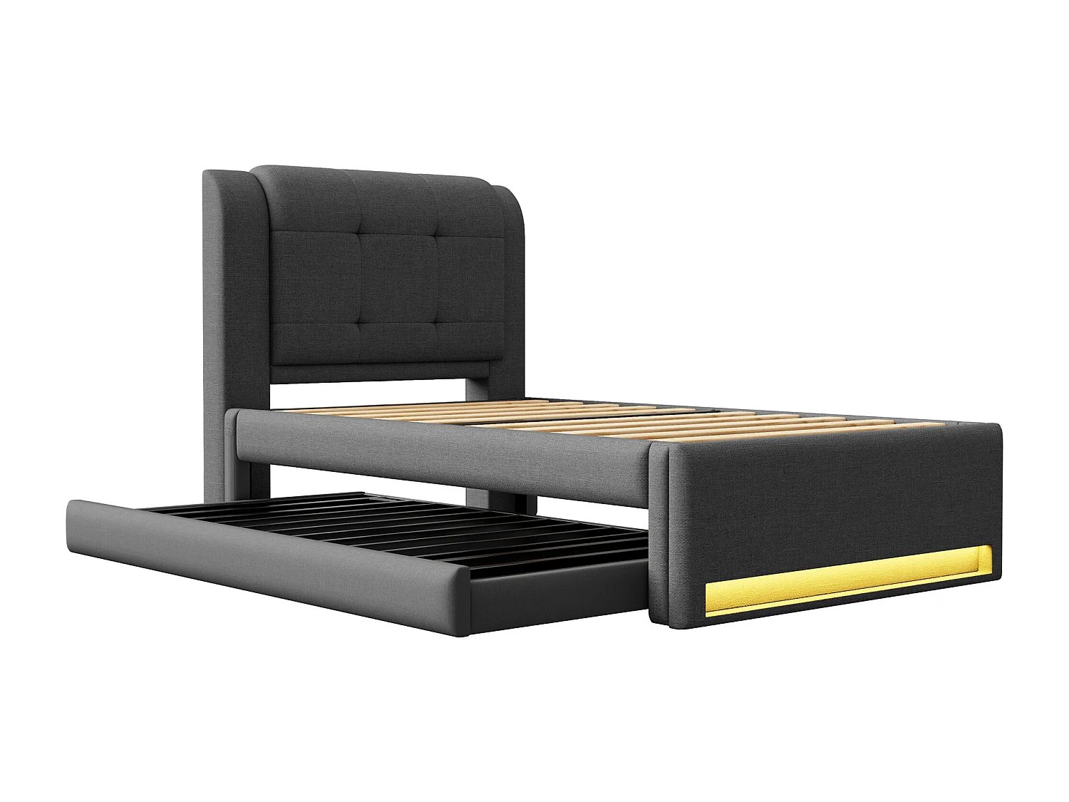 Gepolstertes Einzelbett 90x200 cm - mit Gästebett - LED-Beleuchtung - Kopfteil mit Stauraum - MDF + Leinen - Grau​ (ohne Matratze)