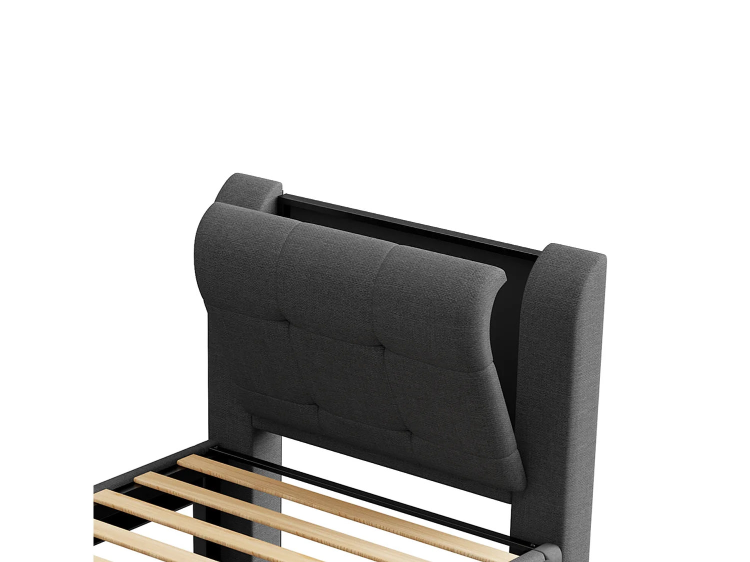 Gepolstertes Einzelbett 90x200 cm - mit Gästebett - LED-Beleuchtung - Kopfteil mit Stauraum - MDF + Leinen - Grau​ (ohne Matratze)