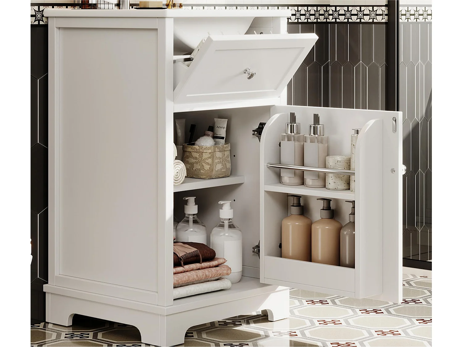 Meuble de salle de bain sur pied - Vasque intégrée - Porte abattante et étagères réglables - MDF - Blanc