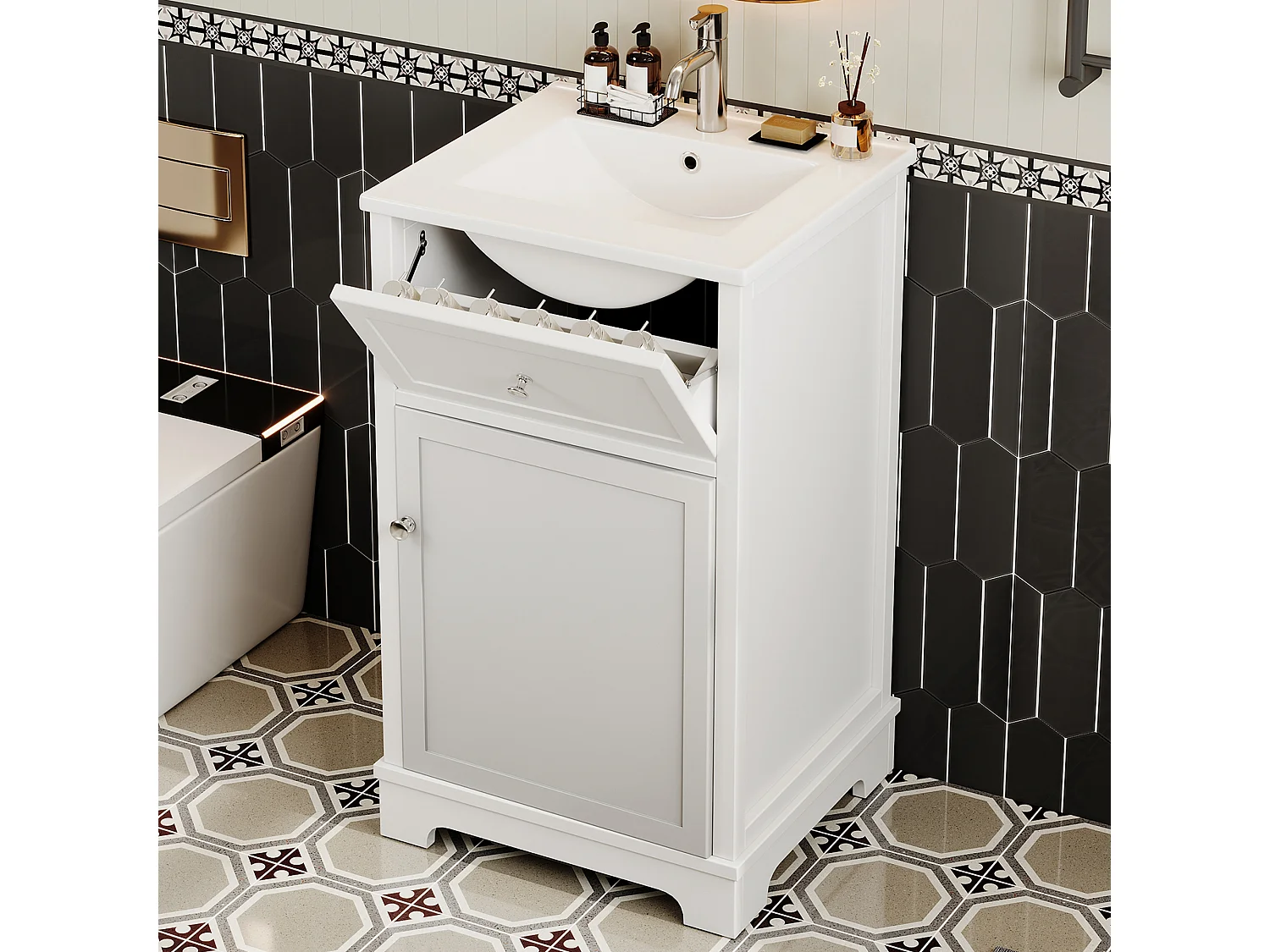 Meuble de salle de bain sur pied - Vasque intégrée - Porte abattante et étagères réglables - MDF - Blanc