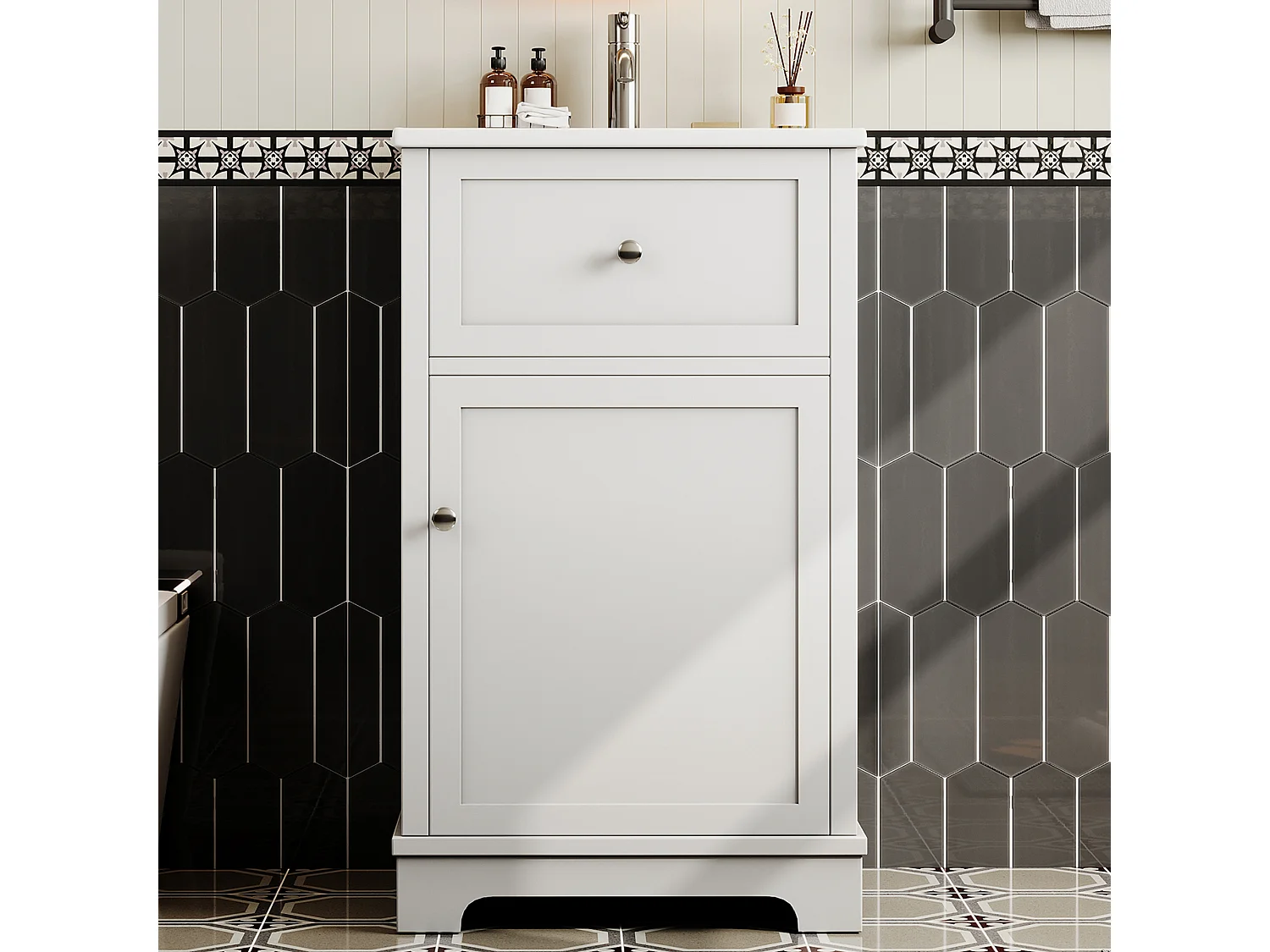 Meuble de salle de bain sur pied - Vasque intégrée - Porte abattante et étagères réglables - MDF - Blanc