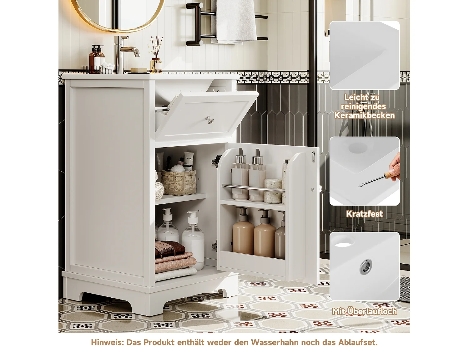 Meuble de salle de bain sur pied - Vasque intégrée - Porte abattante et étagères réglables - MDF - Blanc