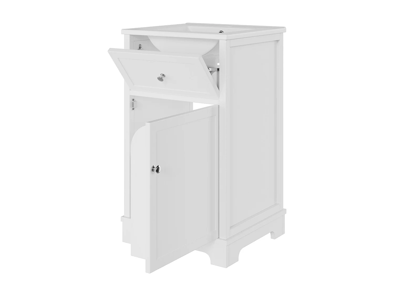 Meuble de salle de bain sur pied - Vasque intégrée - Porte abattante et étagères réglables - MDF - Blanc