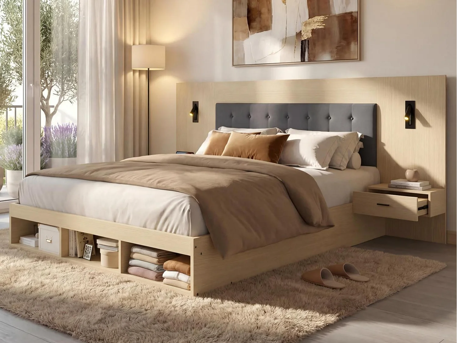 Doppelbett 160x200cm - mit 2 Nachttischen - USB- und Type-C-Anschlüssen - mit Leselampe - Helleiche​ (Matratze nicht inbegriffen)