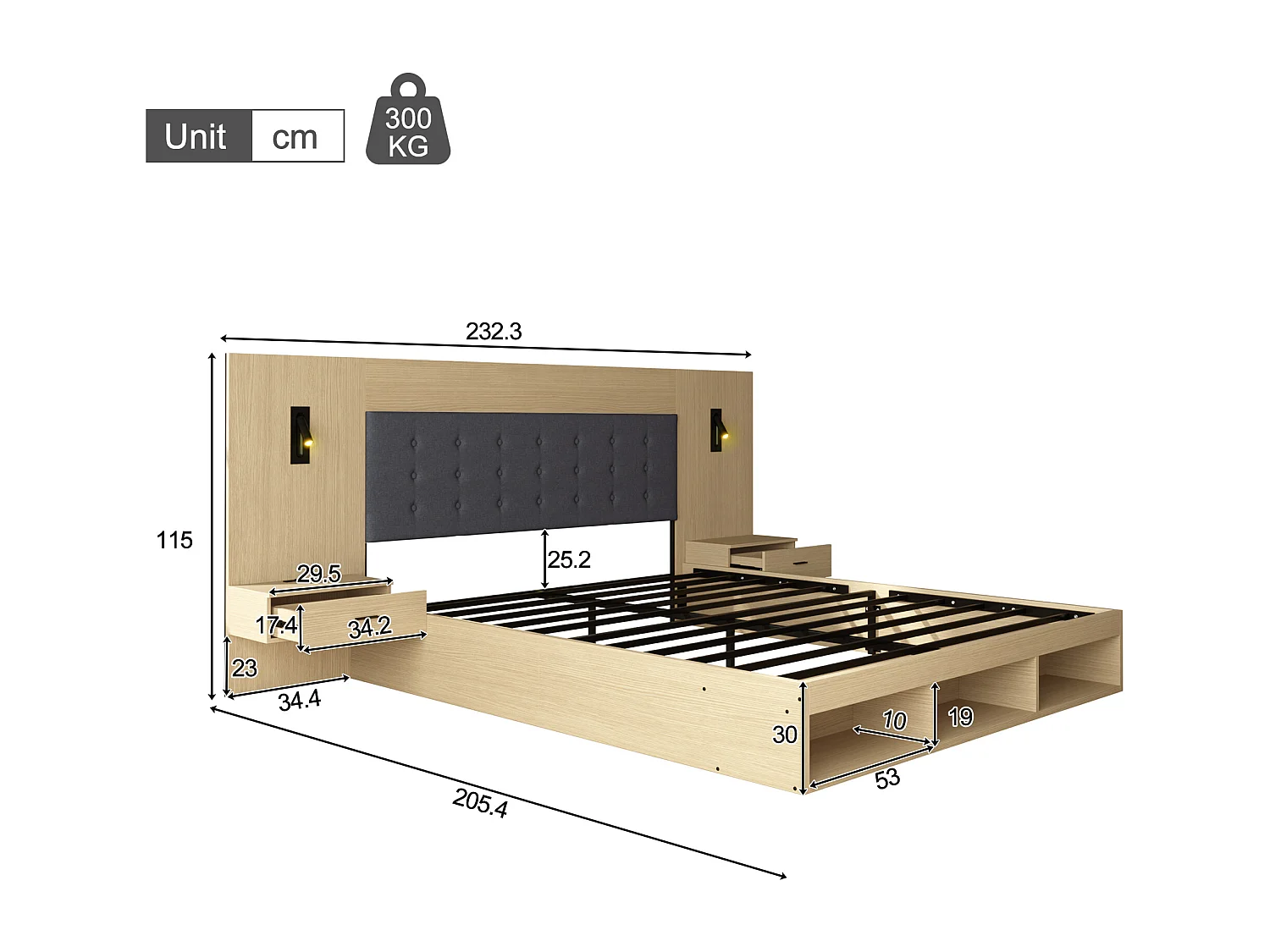 Doppelbett 160x200cm - mit 2 Nachttischen - USB- und Type-C-Anschlüssen - mit Leselampe - Helleiche​ (Matratze nicht inbegriffen)