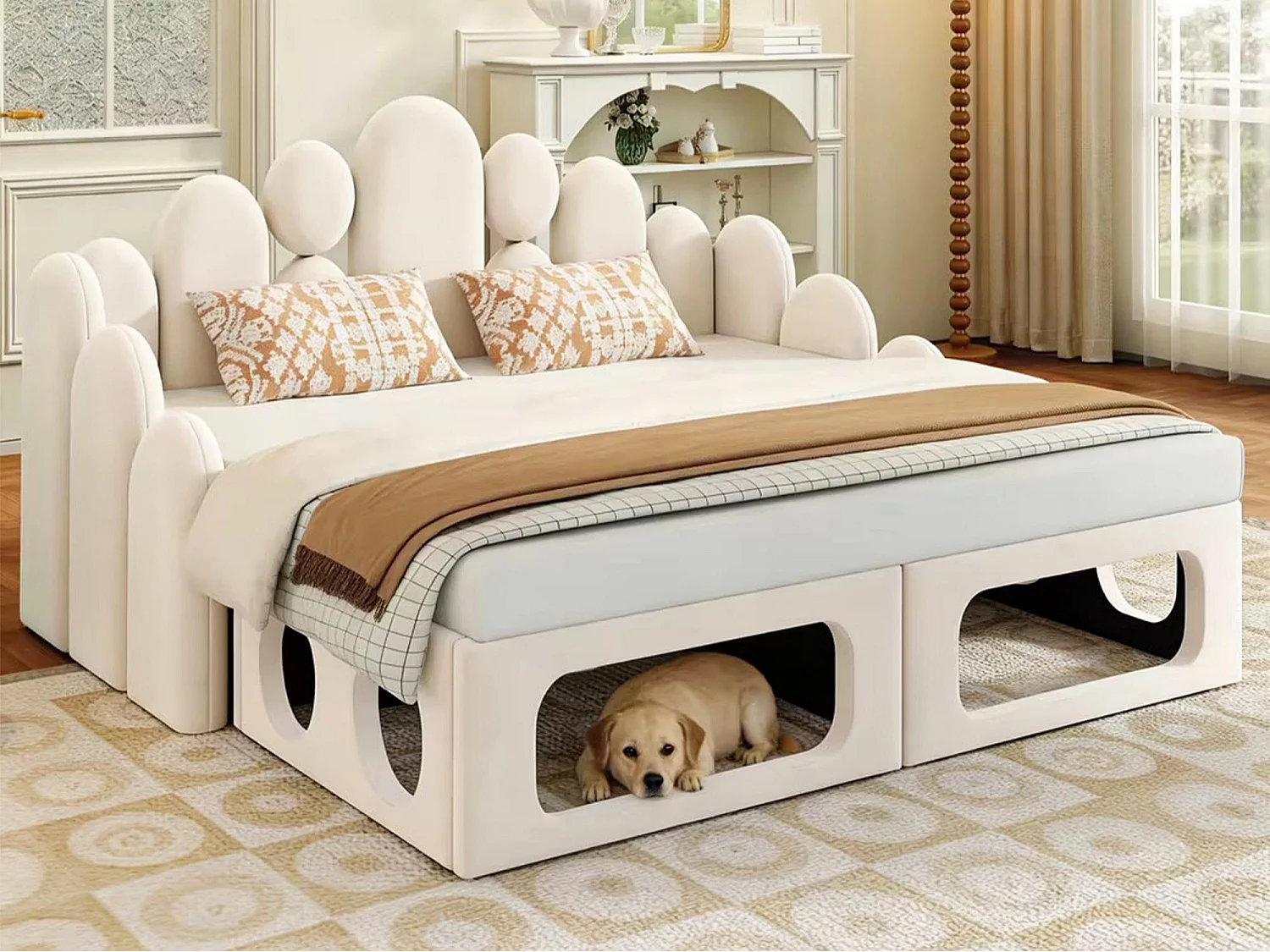 Divano letto imbottito 180x200cm - Tessuto velluto - con rete a doghe - Beige​ (materasso non incluso)